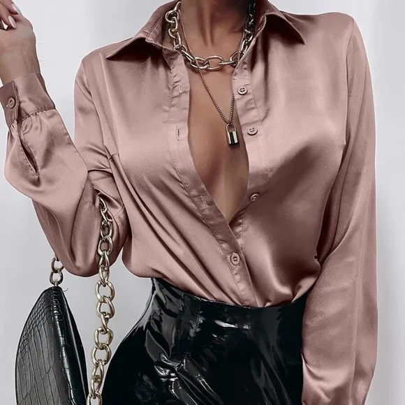 BellanBlue Satin Button Down Shirt - Bronze - Picture 7 of 12